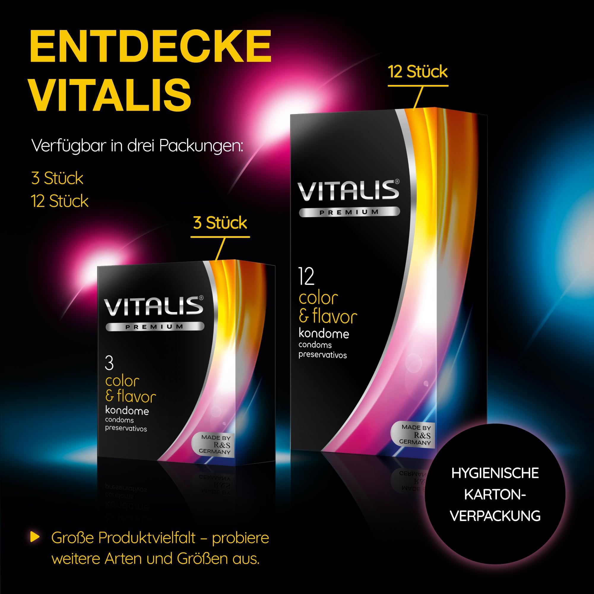 Vitalis Kondome Color & Flavor 12 Stück und 3 Stück Packungen.