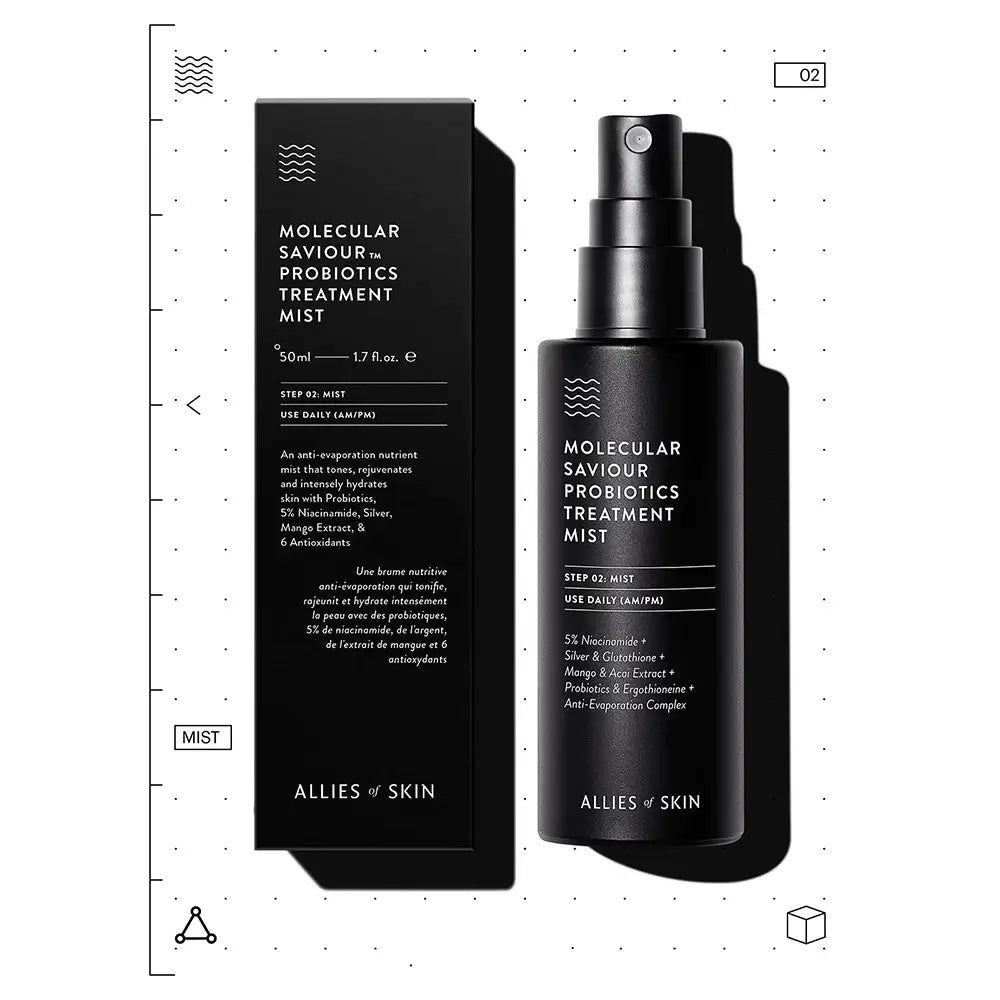 Schwarze Schachtel und Sprühflasche. Auf der Schachtel und Flasche steht: Molecular Saviour Probiotics Treatment Mist. 50ml, 1.7 fl. oz.