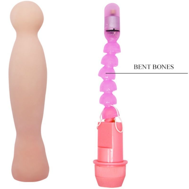 Beigefarbener Vibrator neben einem pinkfarbenen, flexiblen Element mit der Aufschrift 'BENT BONES'.