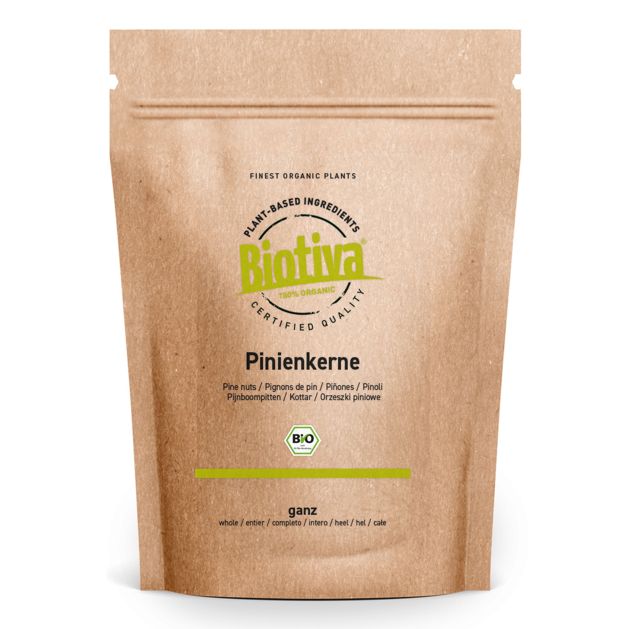 Beutel mit Pinienkernen. Marke Biotiva, Bio-Siegel. Aufschrift: Pinienkerne, ganz. Braune Papierverpackung.