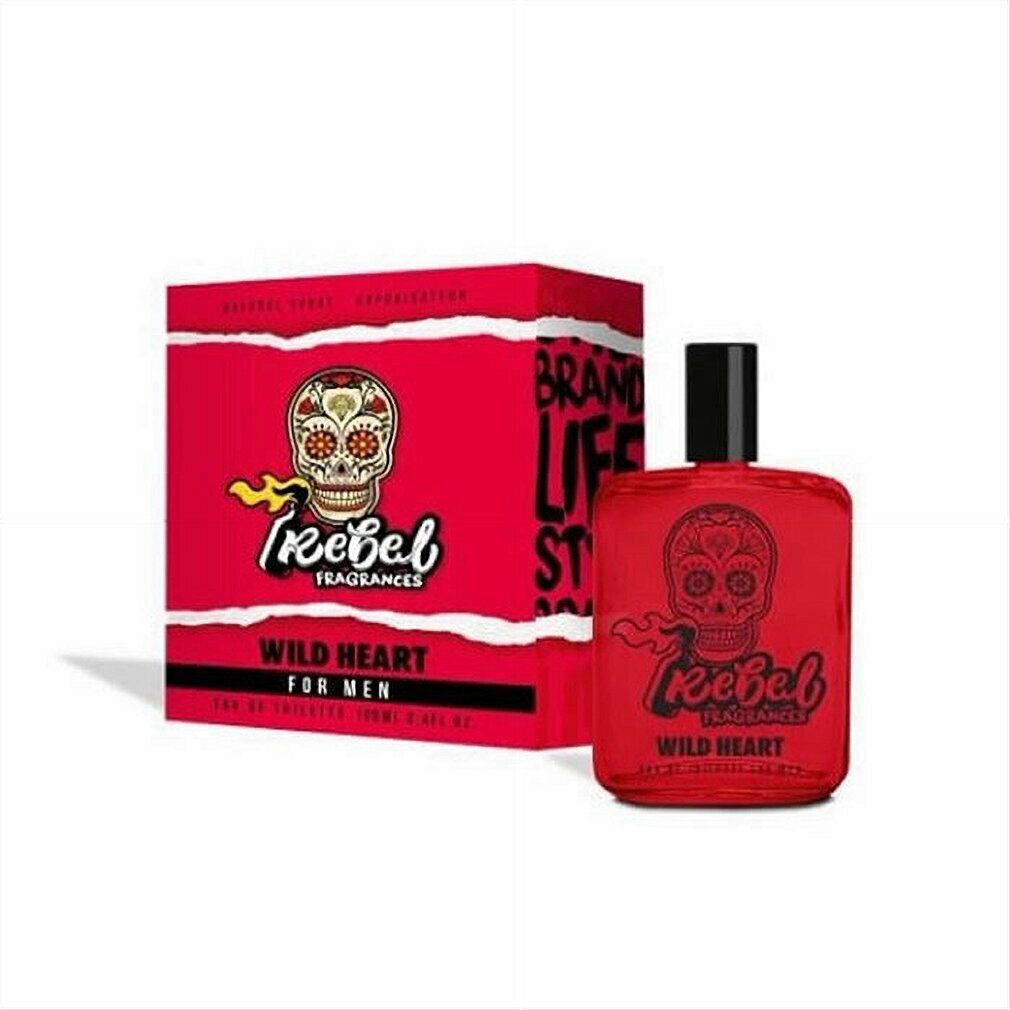 Rotes Eau de Toilette mit schwarzem Verschluss und roter Verpackung. Aufdruck: Totenkopf, "Rebel Fragrances", "Wild Heart for Men".