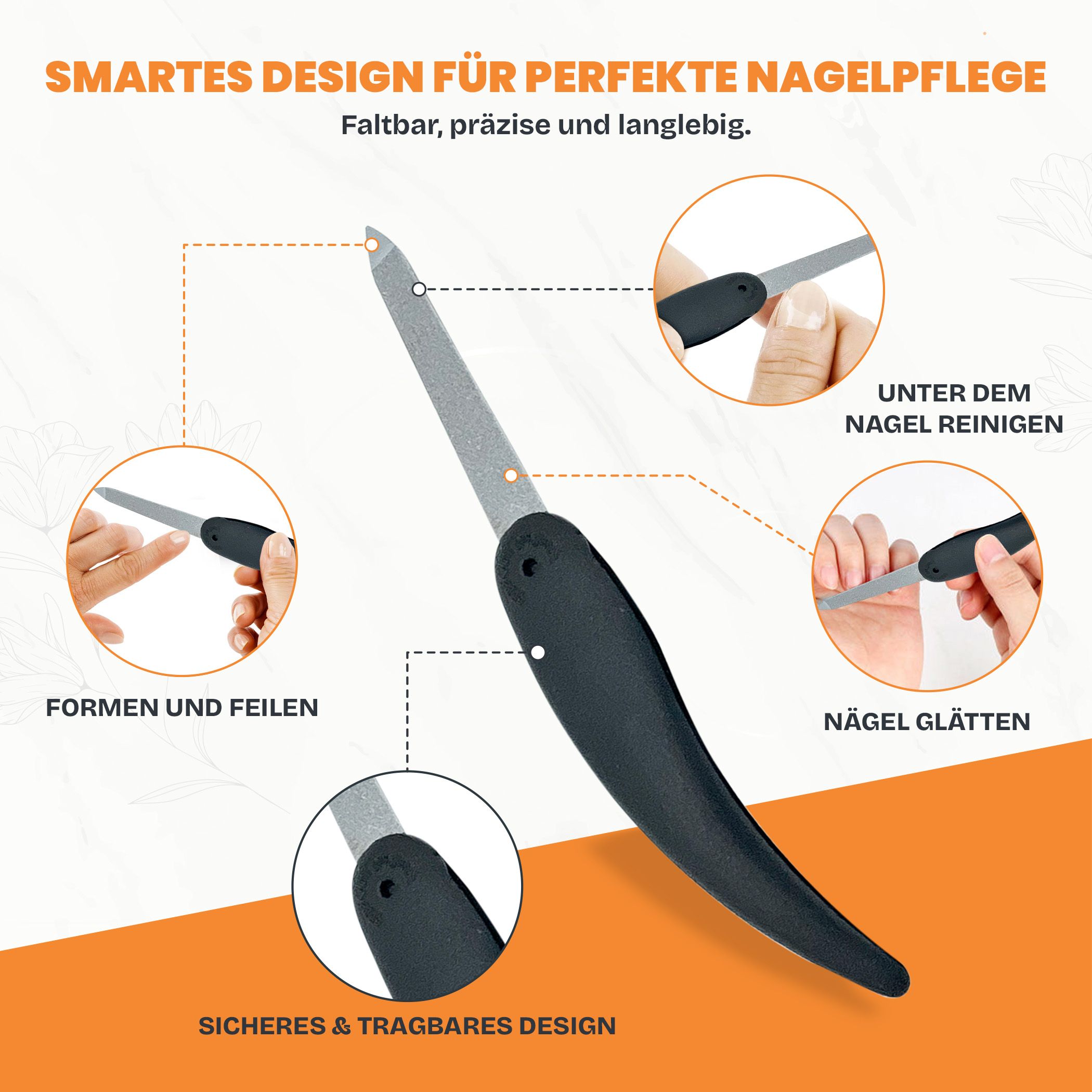 Klappbare Nagelfeile mit Anwendungsbeispielen: Formen, Reinigen, Glätten.