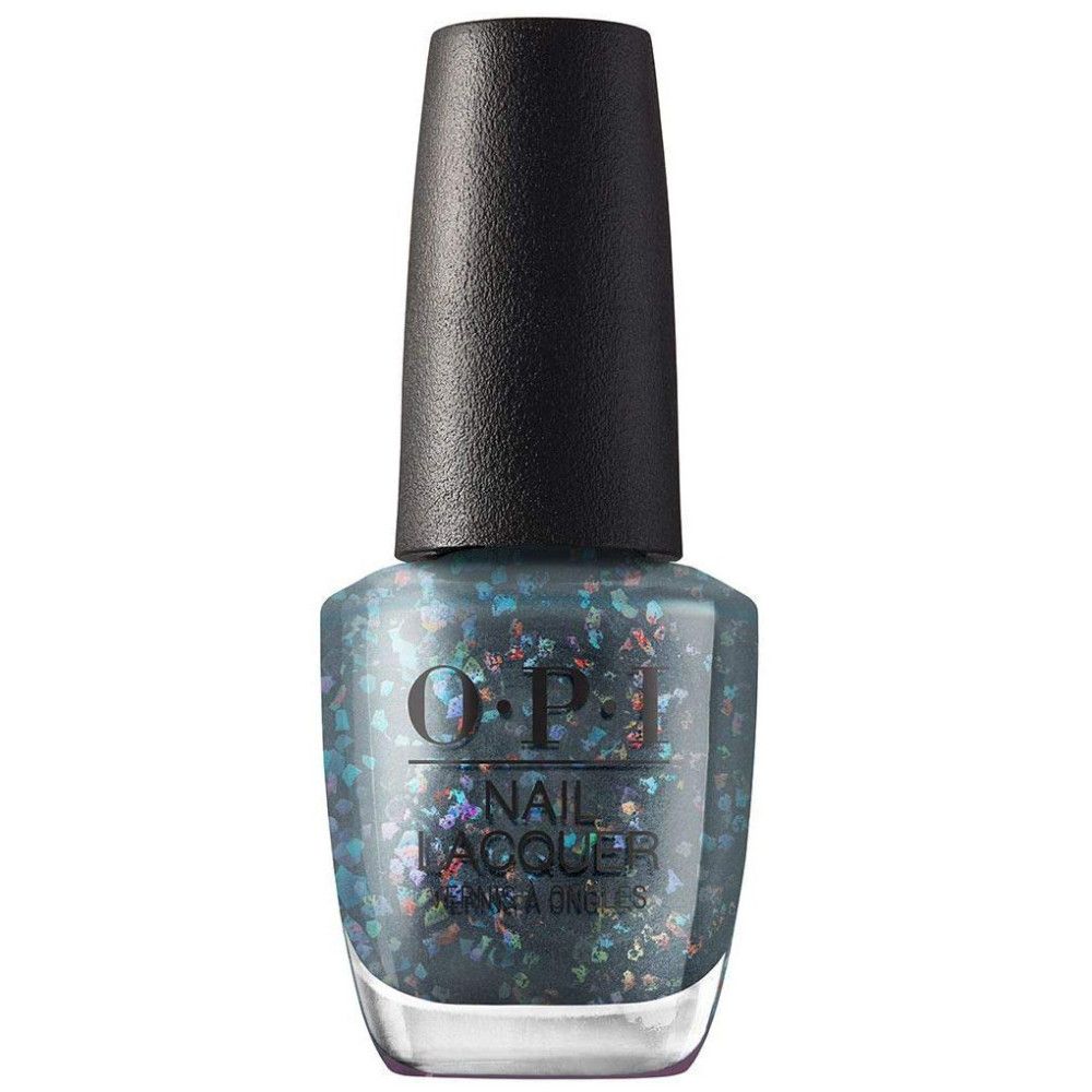 OPI Nagellack-Flasche mit schwarzem Deckel. Grauer Lack mit bunten Glitzerpartikeln. Produktansicht.