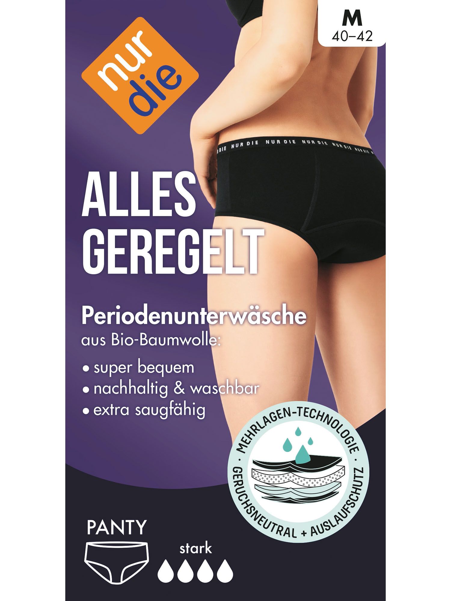 Schwarze Periodenunterwäsche, Größe 40-42, mit Produktinformationen. Text: Alles Geregelt, Periodenunterwäsche aus Bio-Baumwolle, super bequem, nachhaltig & waschbar, extra saugfähig.