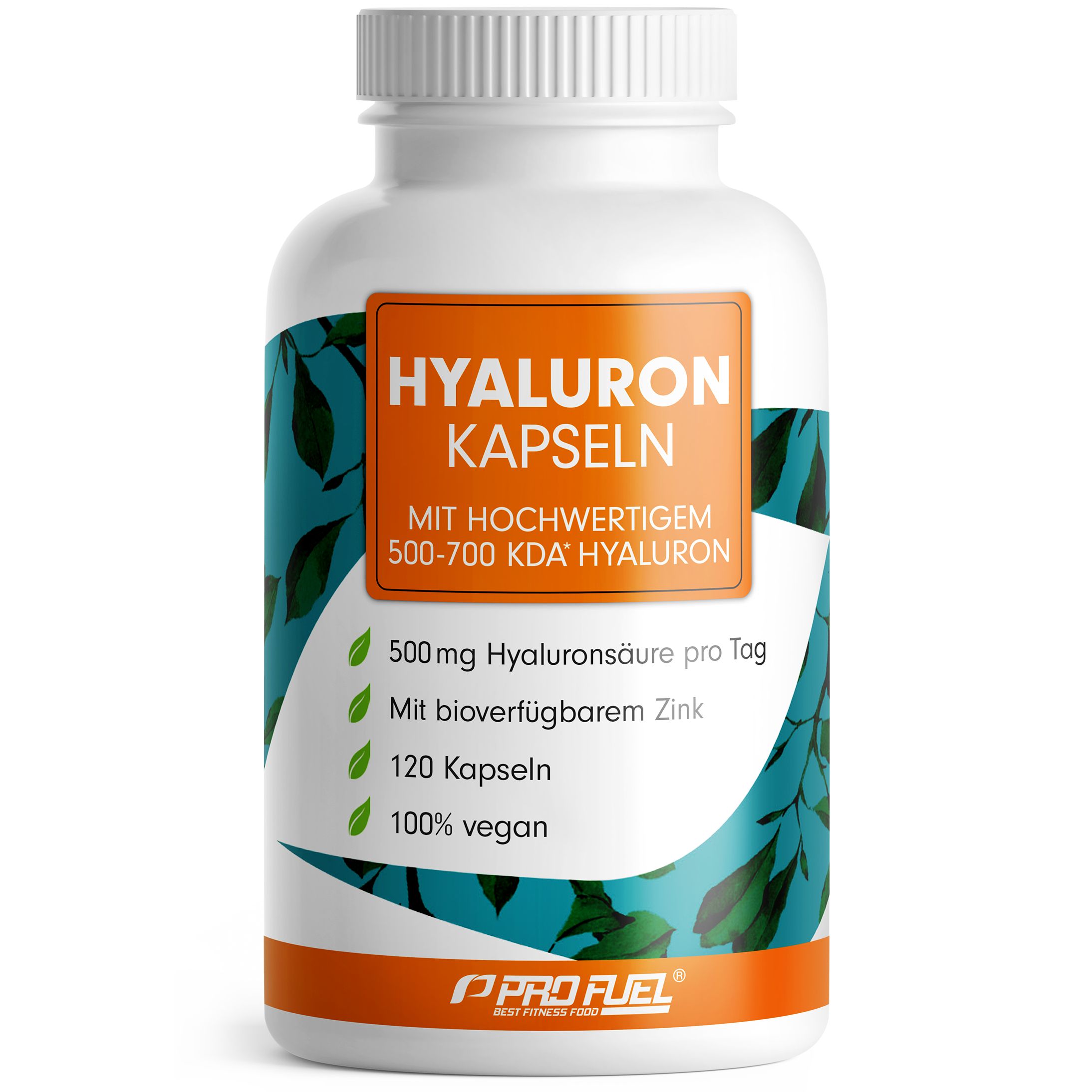 Weiße Flasche mit Hyaluron Kapseln. Enthält 500mg Hyaluronsäure, 120 Kapseln, vegan. Mit Zink.
