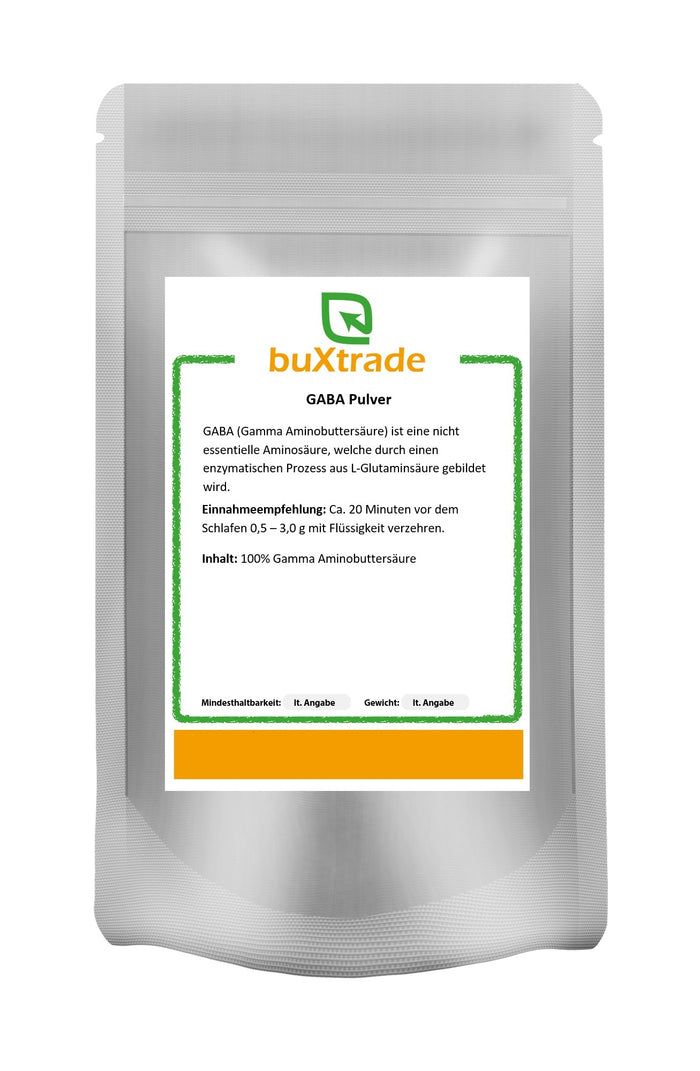 Beutel mit weißem Hintergrund. Aufdruck: buXtrade GABA Pulver. Textinformationen zu Inhaltsstoffen und Einnahmeempfehlung.