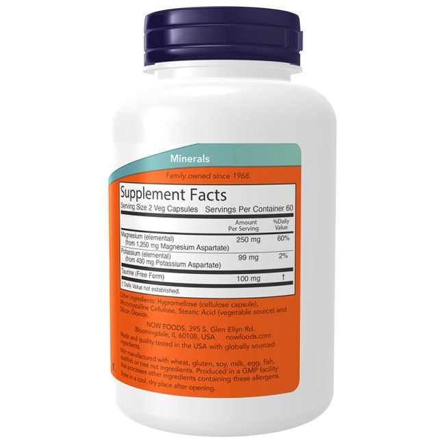 Now Foods Magnesium & Kalium Aspartat. Supplement Facts: 120 Veg-Kapseln, 60 Portionen. Enthält Magnesium- und Kaliumaspartat.