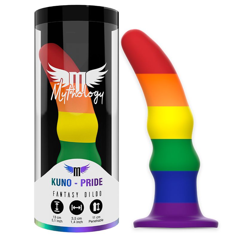Dildo in Regenbogenfarben neben einer transparenten Verpackung mit Produktinformationen.