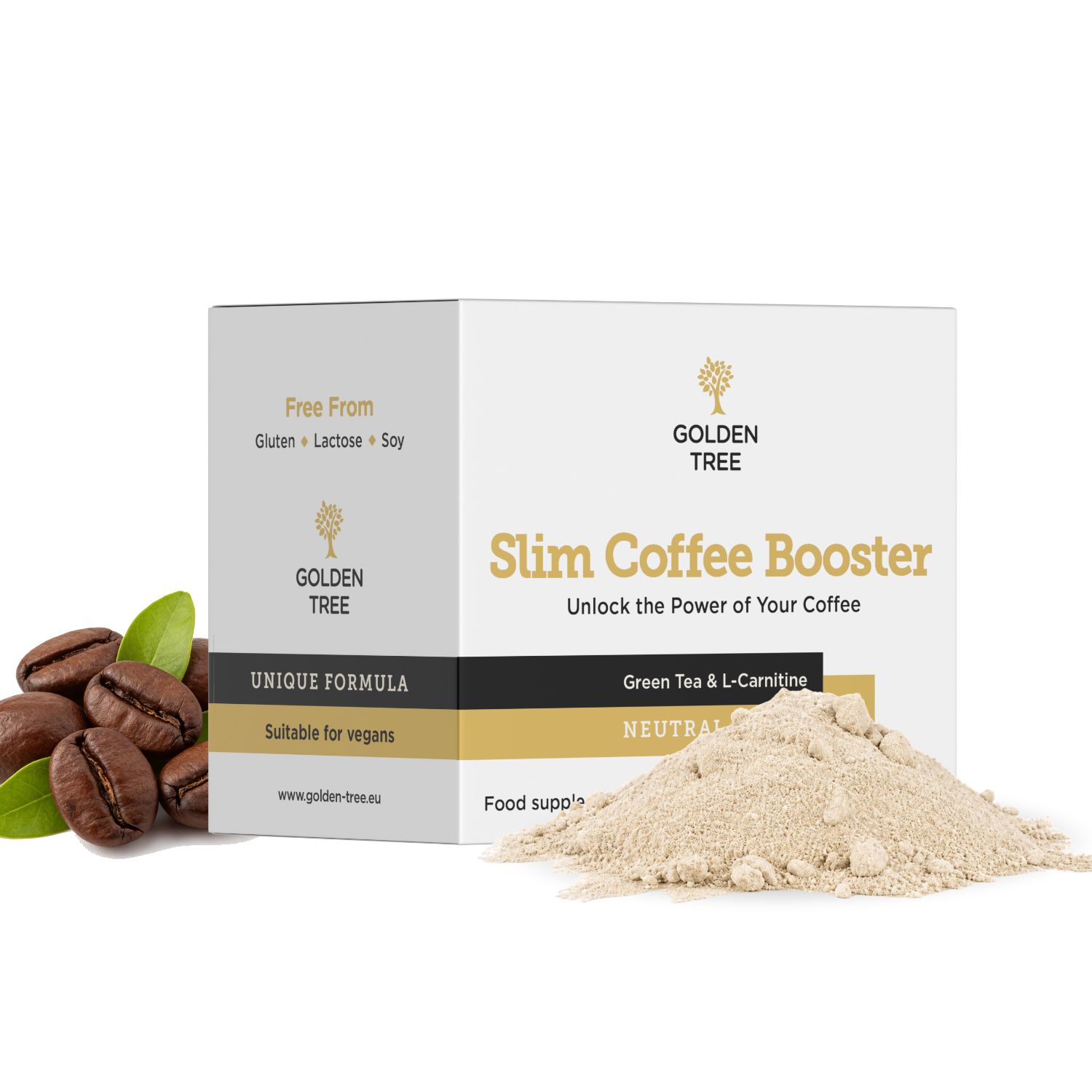 Golden Tree Slim Coffee Booster Packung mit Kaffeebohnen und Pulver.