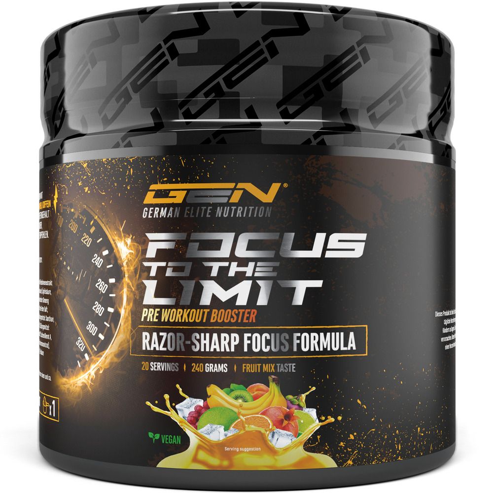 Schwarze Dose mit GEN Focus to the Limit. Enthält 20 Portionen, 240g. Mit Fruchtgeschmack. Logo: German Elite Nutrition.