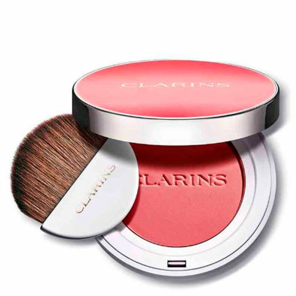 Runder Rouge-Behälter mit Spiegel und Pinsel. Deckel und Rouge in Rosa. Pinsel mit weißem Griff. Marke Clarins.