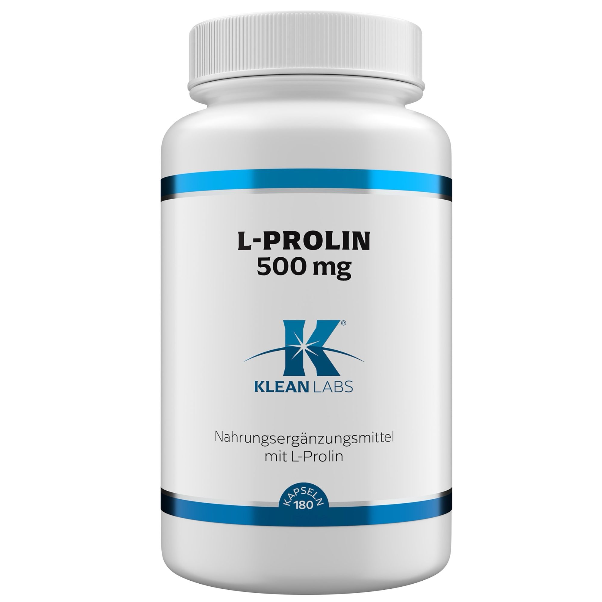 Weiße Flasche mit blauem Streifen und Deckel. Aufschrift: L-Prolin 500 mg, Klean Labs Logo. Nahrungsergänzungsmittel mit L-Prolin. 180 Kapseln.