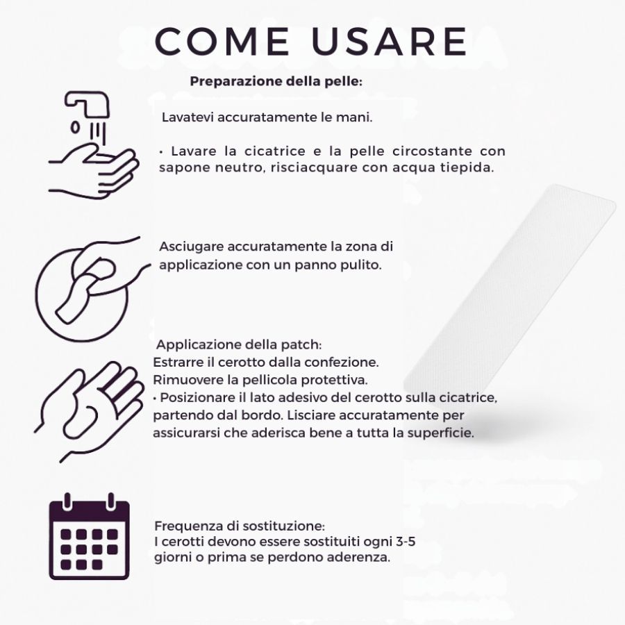Grafik mit Anweisungen zur Verwendung eines Silikonpflasters. Text in italienischer Sprache. Illustrationen.