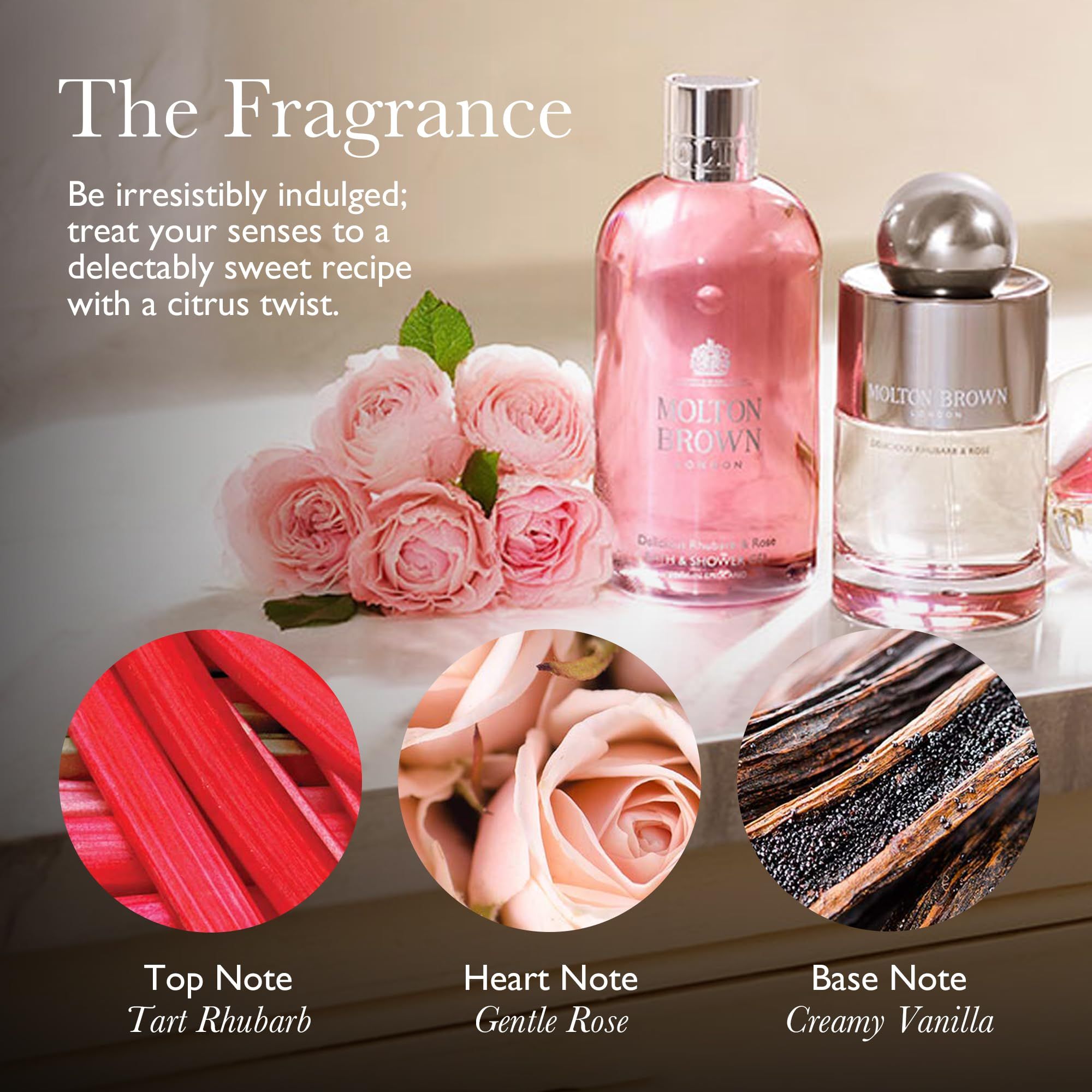 Produktabbildung mit Zutaten. Rosen, Rhabarber und Vanille. Text: Top Note Tart Rhubarb, Heart Note Gentle Rose, Base Note Creamy Vanilla.