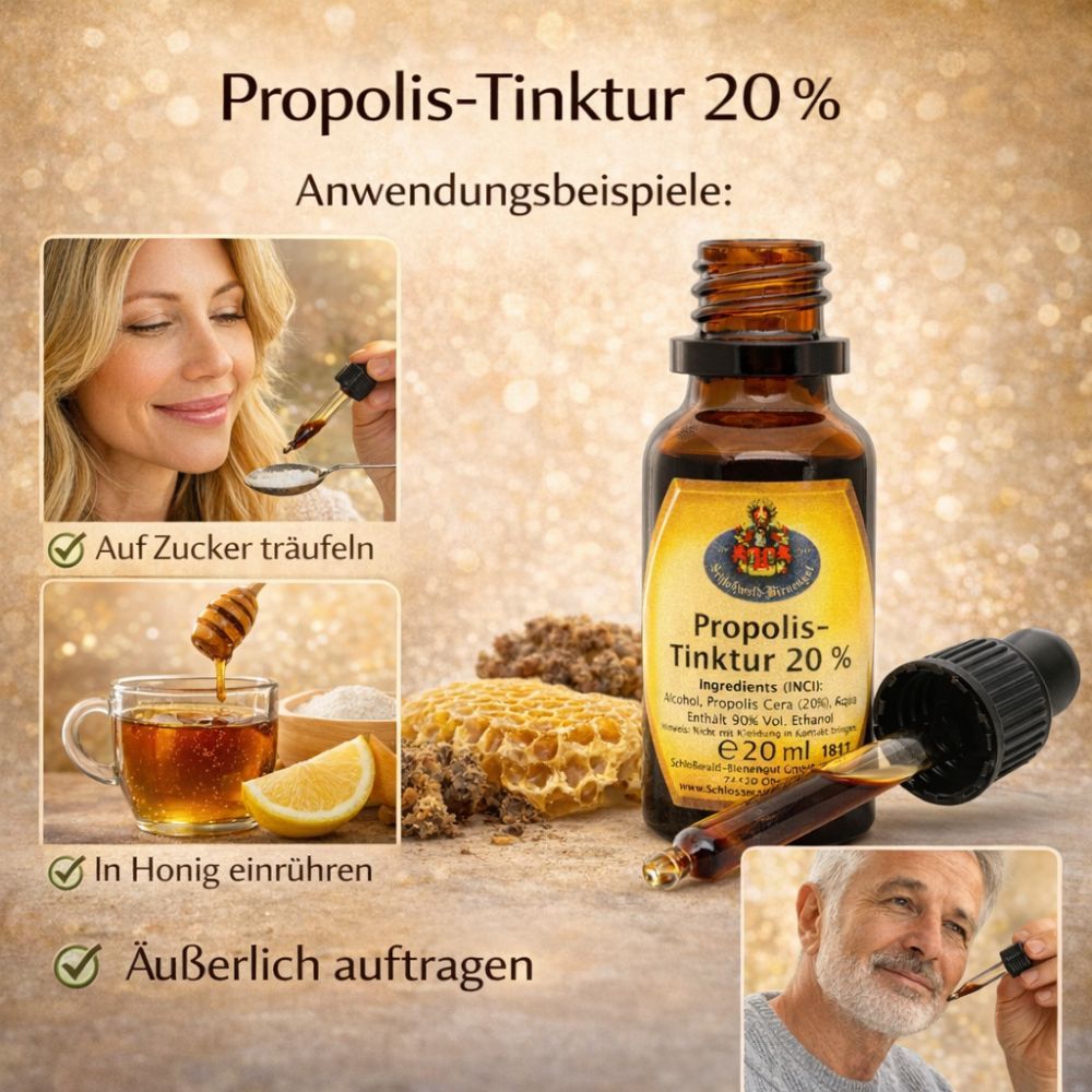 Braune Glasflasche mit gelbem Etikett. Tropfer und Beispiele für die Anwendung. Text: Propolis-Tinktur 20%.