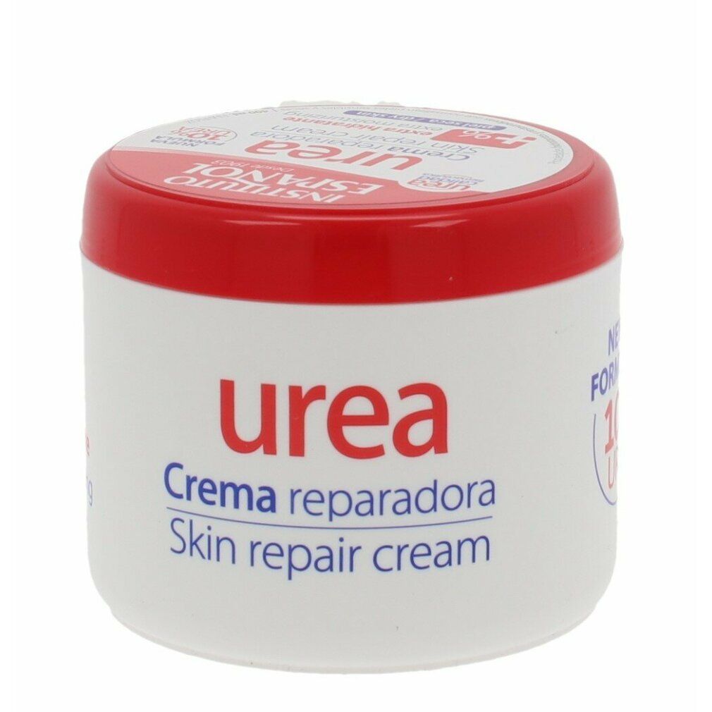 Weißer Tiegel mit rotem Deckel. Aufschrift: Urea, Creme reparadora, Skin repair cream. 10% Urea. Instituto Español.