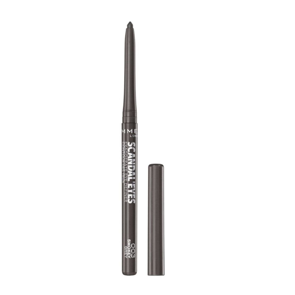 Grauer Rimmel London Scandaleyes Automatic Eyeliner. Schwarzer Stift mit grauer Mine, Kappe daneben. Produktname und Farbton aufgedruckt.