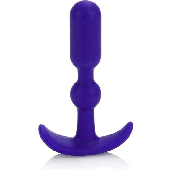 Lila Anal-Dilator mit Griff und Basis. Aus flexiblem Material. Form: länglicher Schaft mit rundem Mittelteil und gebogener Basis.