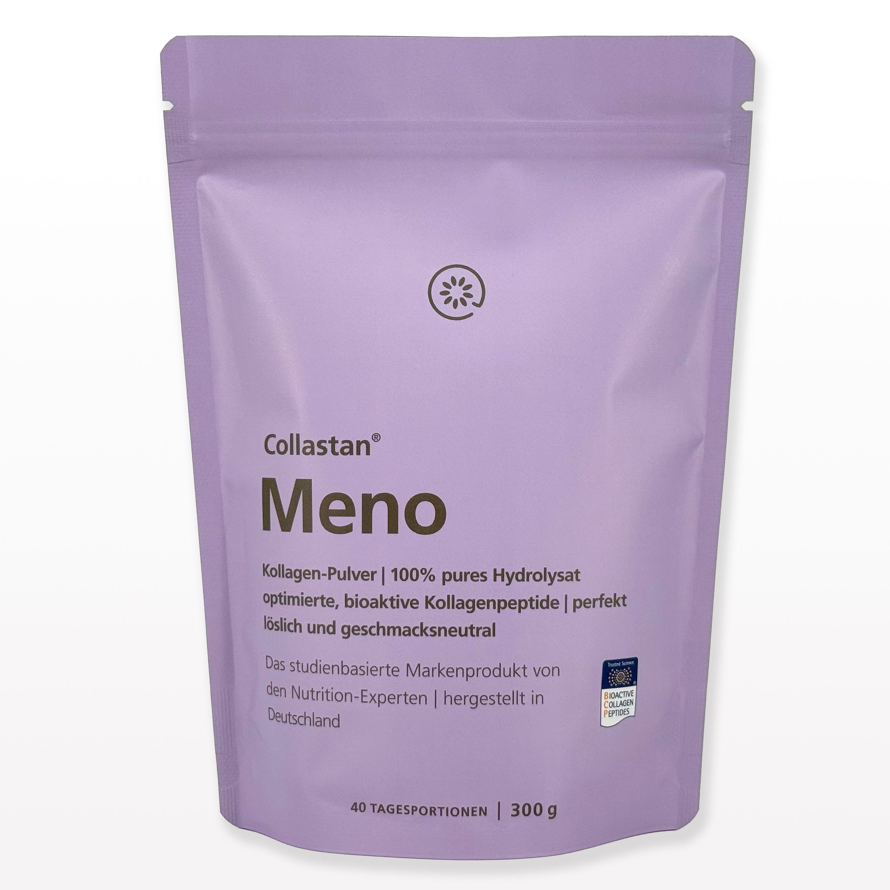Beutel mit Collastan Meno Kollagen-Pulver. Lila Verpackung mit Produktnamen und Logo. Enthält 40 Tagesportionen, 300 g.