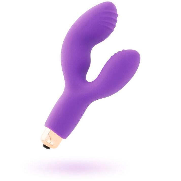Lila Vibrator mit zwei Armen. Goldfarbener Sockel. Schatten unter dem Produkt.