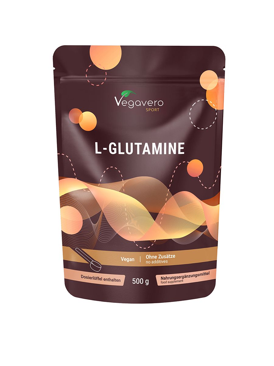 Beutel mit L-Glutamin-Pulver. Aufschrift: Vegavaro Sport, L-Glutamine, 500 g, Vegan, ohne Zusätze. Dosierlöffel enthalten.