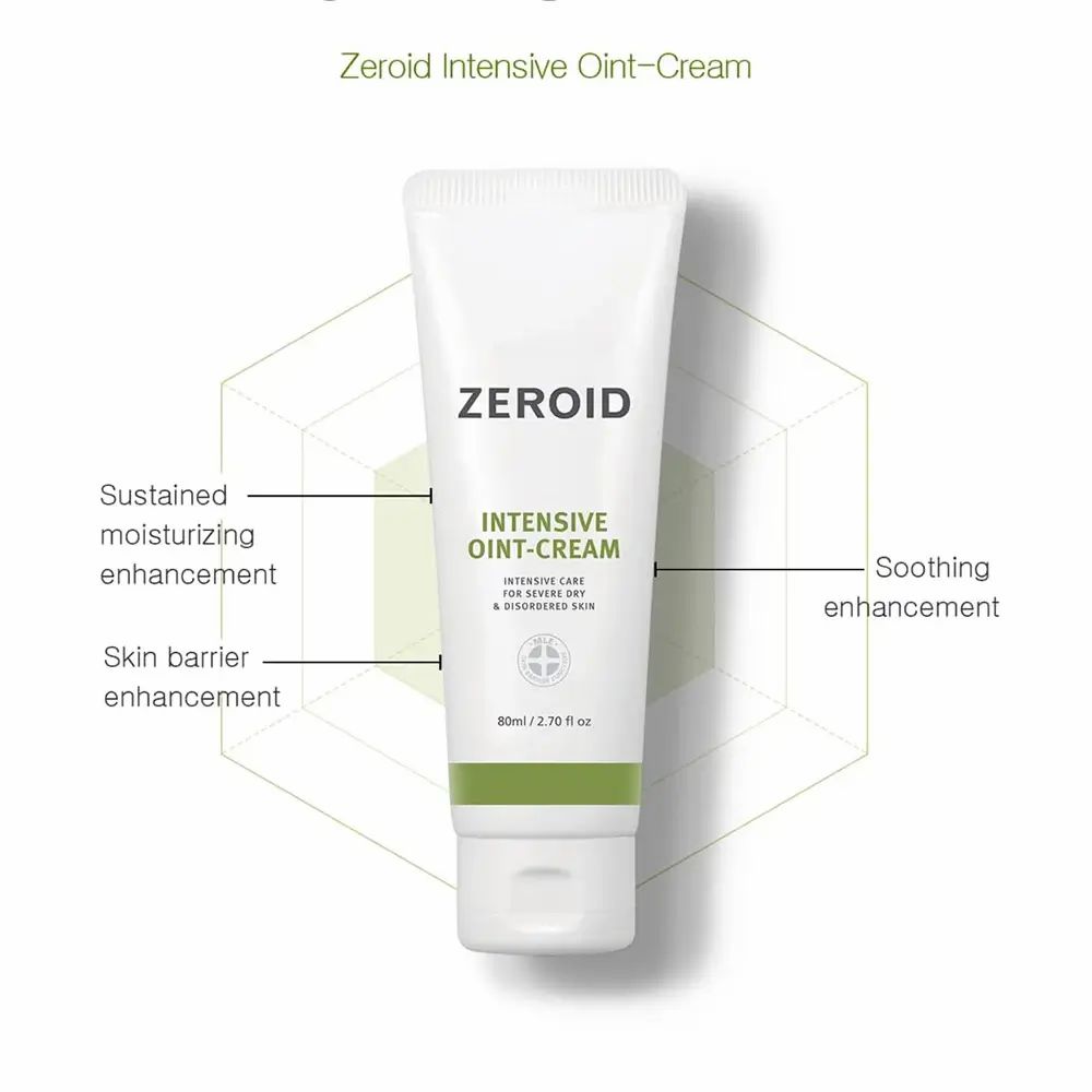 Weiße Tube mit grünem Streifen. Aufschrift ZEROID, INTENSIVE OINT-CREAM. Diagramm mit Produktmerkmalen.