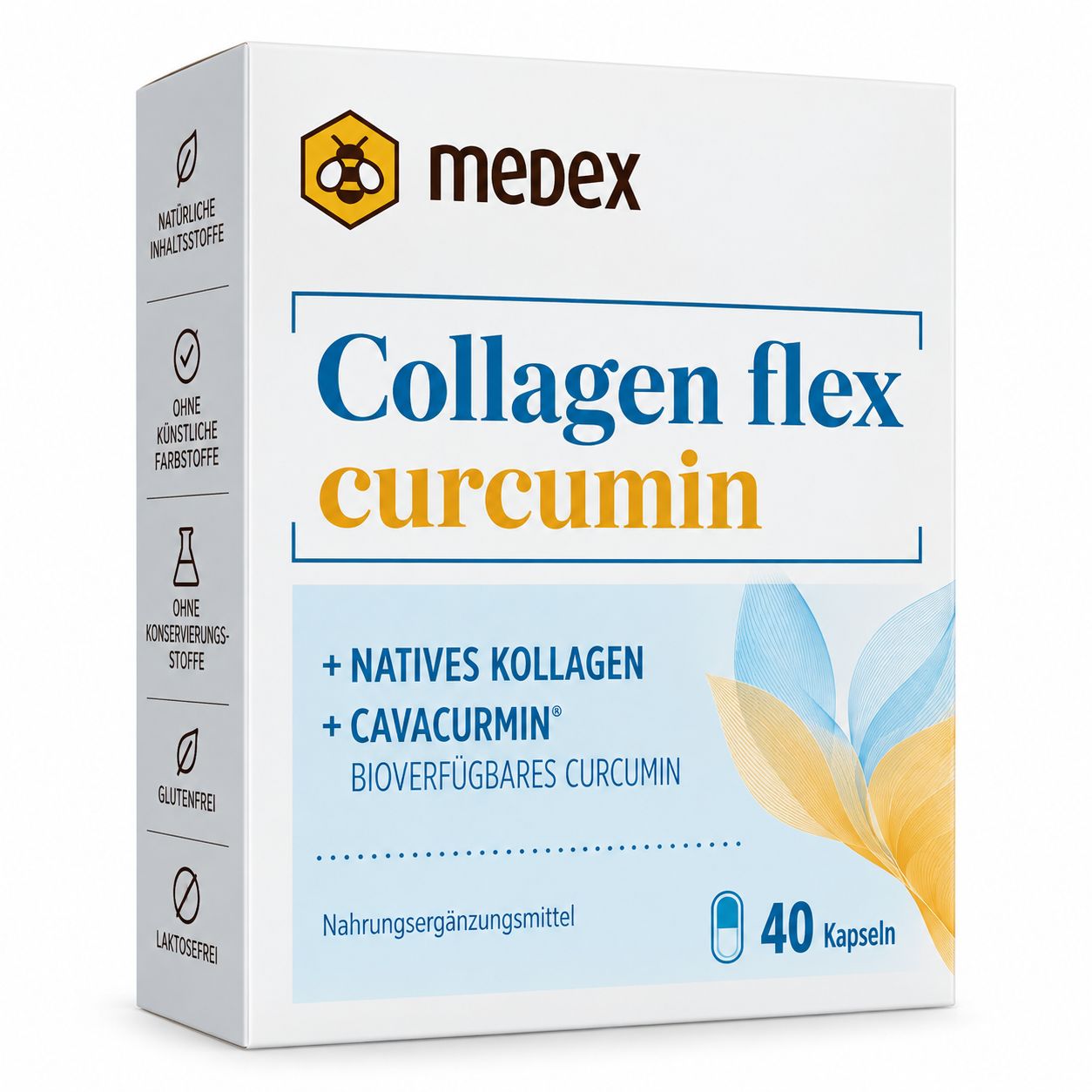 Medex Collagen flex Curcumin Verpackung mit Siegeln 'Natürliche Inhaltsstoffe', 'Glutenfrei', 'Laktosefrei'.