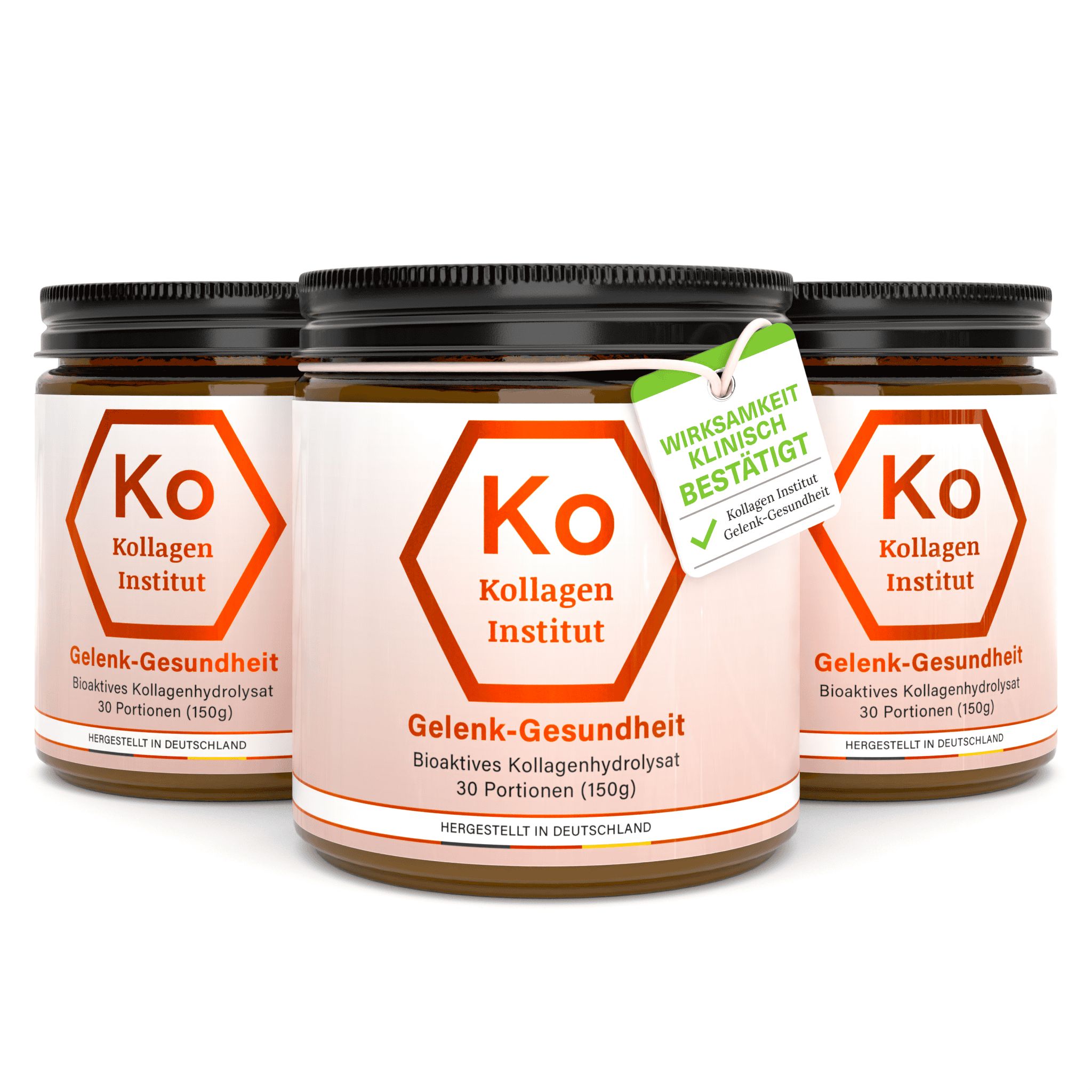 Drei Dosen mit Etiketten. Aufschrift: Kollagen Institut, Gelenk-Gesundheit. Anhänger: Wirksamkeit klinisch bestätigt.