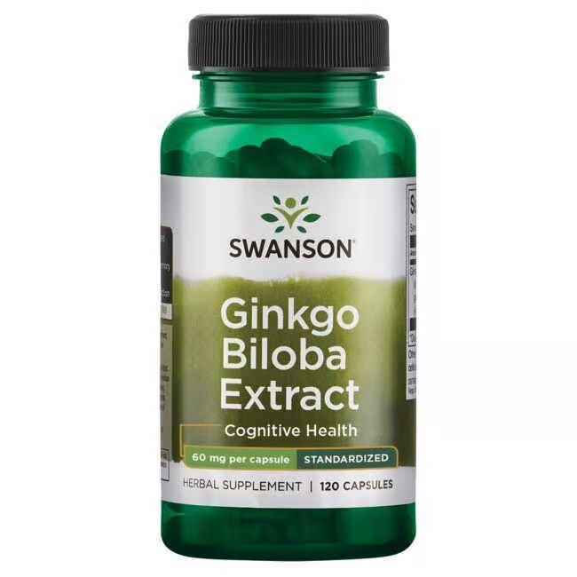 Grüne Flasche mit schwarzem Deckel. Aufschrift: SWANSON Ginkgo Biloba Extrakt, 60 mg pro Kapsel, 120 Kapseln.