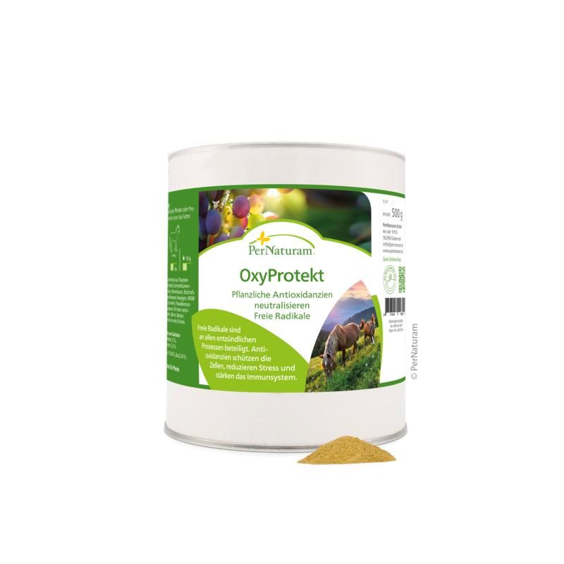 PerNaturam OxyProtekt Dose, 500g. Weißes Metallgehäuse mit Etikett. Text und Abbildung. Daneben ein Haufen Pulver.