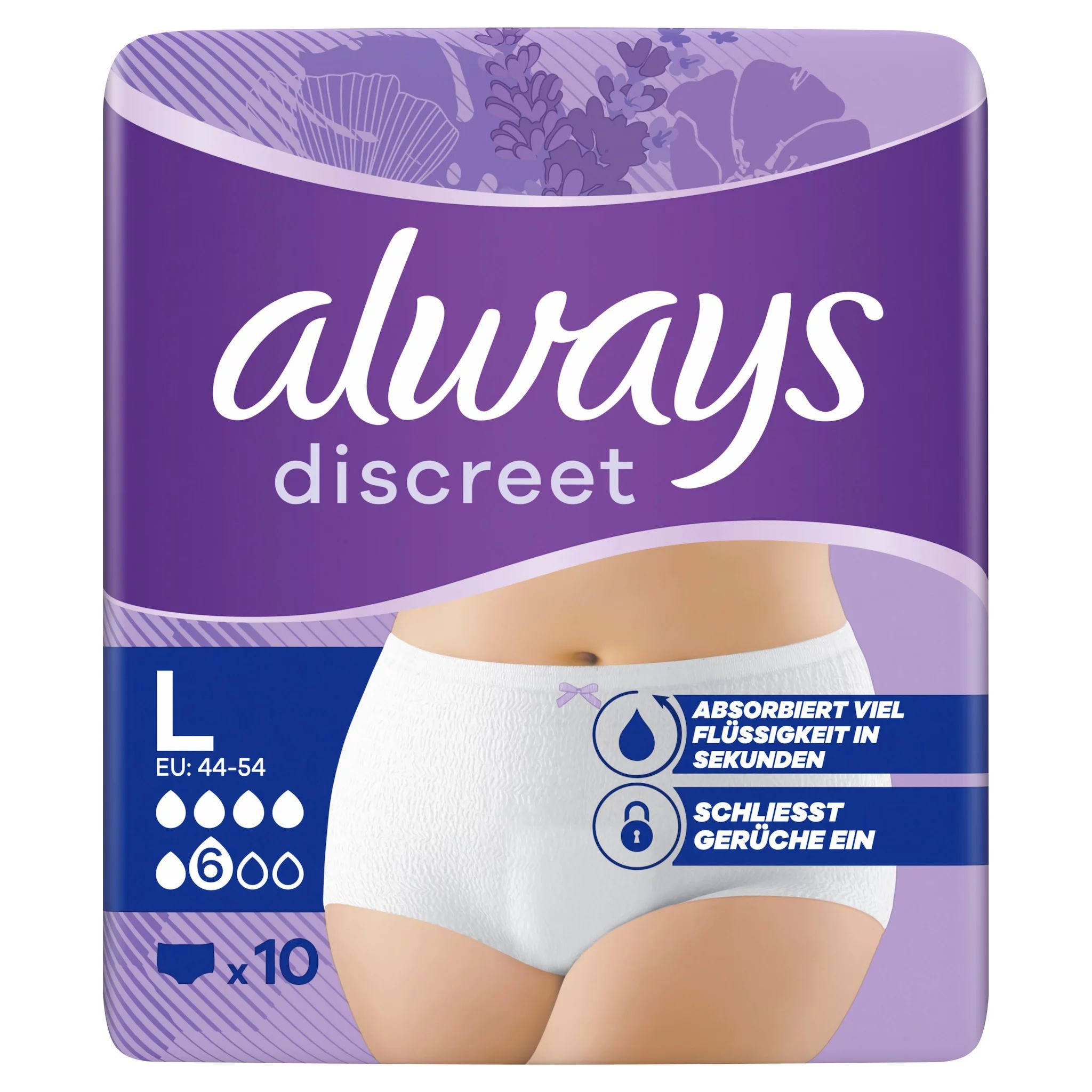 Always Discreet Inkontinenz-Pants, Größe L, 10 Stück. Saugstark, geruchsbindend.