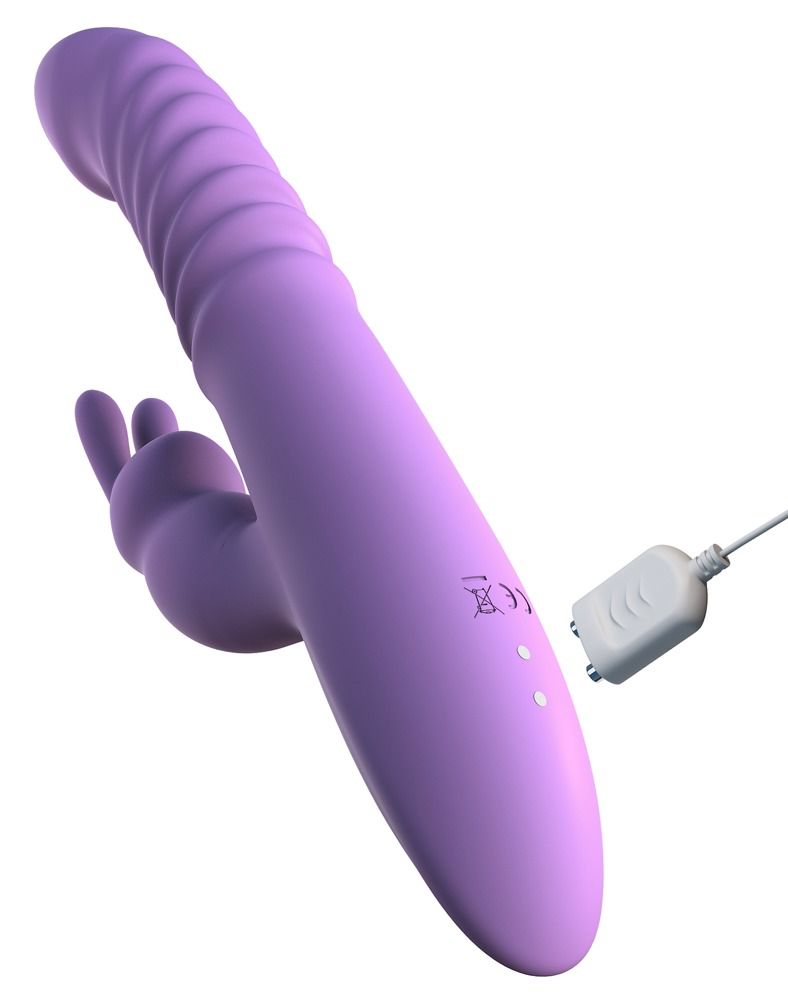 Lila Vibrator mit Hasenohren und Ladegerät. CE-Kennzeichnung.
