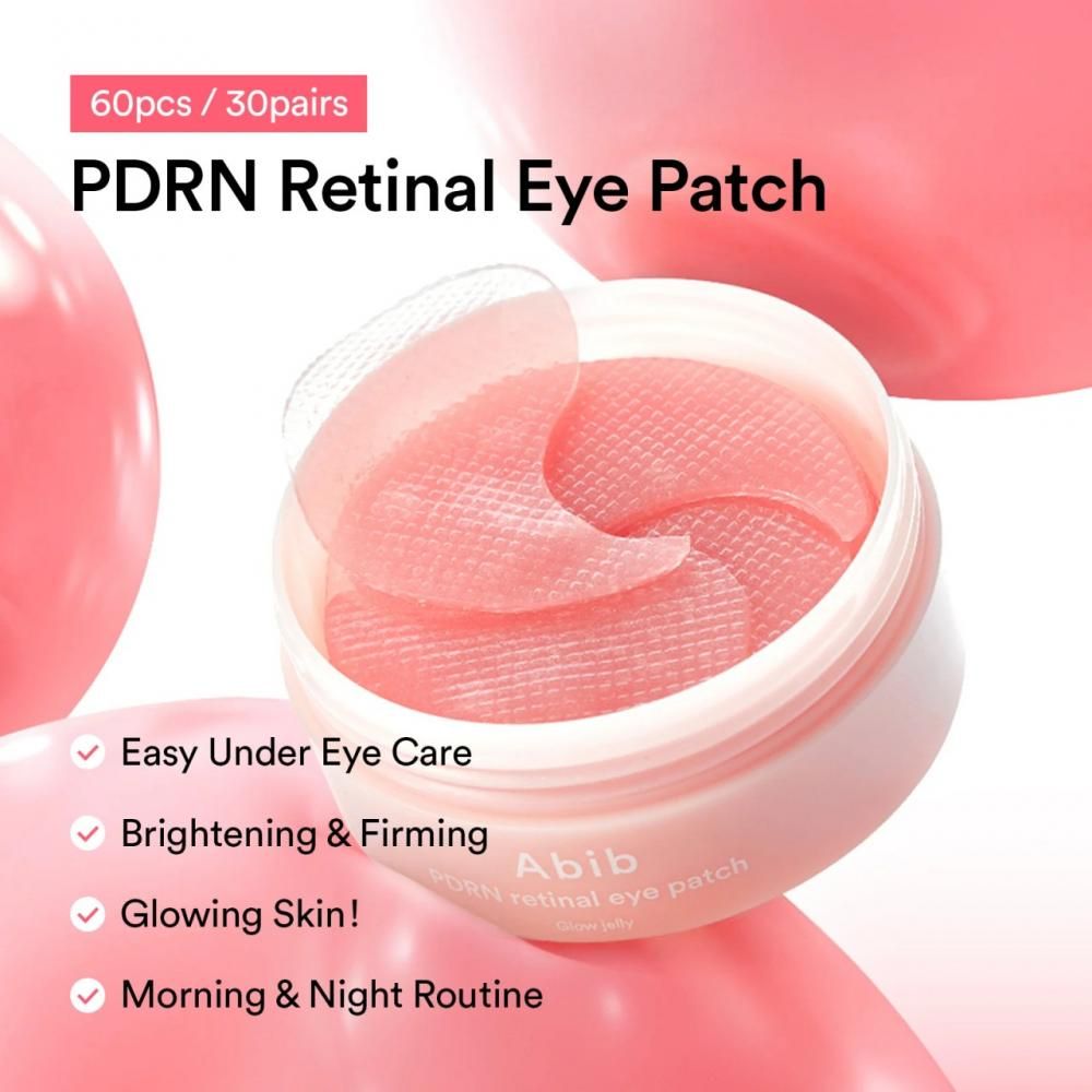 Offene Dose mit Augenpflastern. Aufschrift: PDRN Retinal Eye Patch. Text: 60pcs/30pairs. Rosa Hintergrund mit rosa Kugeln.