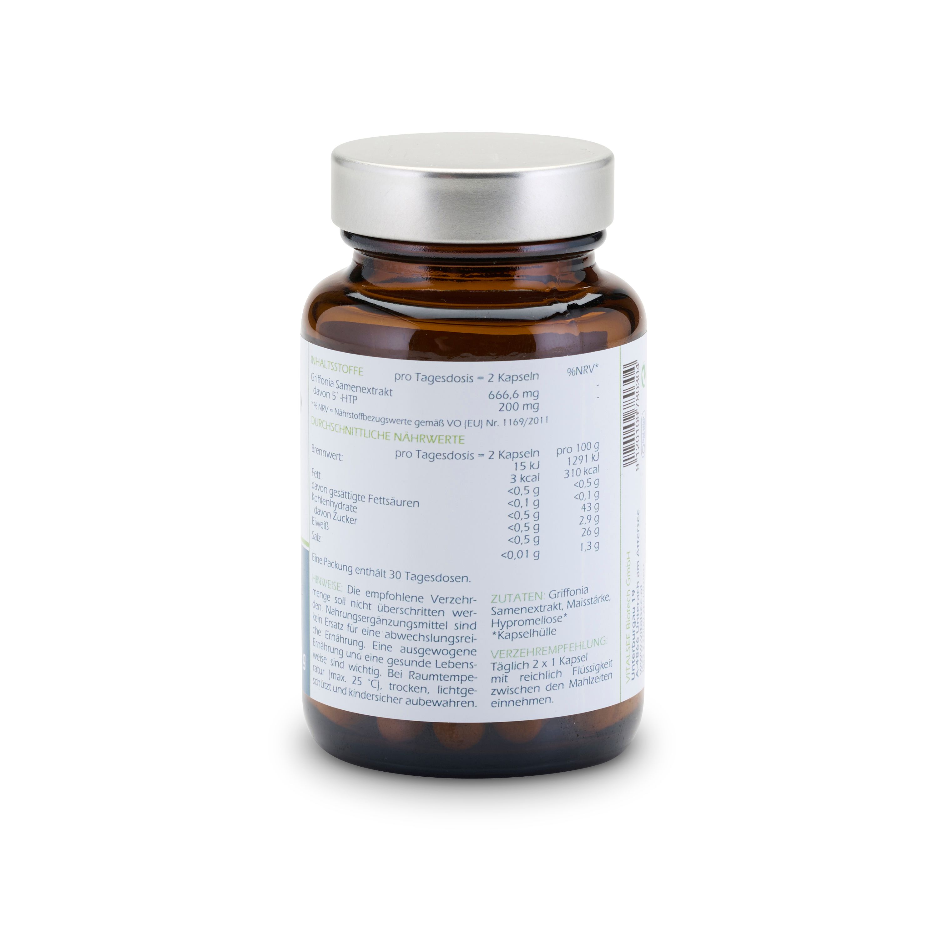 Rückseite einer braunen Glasflasche mit silbernem Deckel. Etikett mit Nährwertangaben und Inhaltsstoffen.