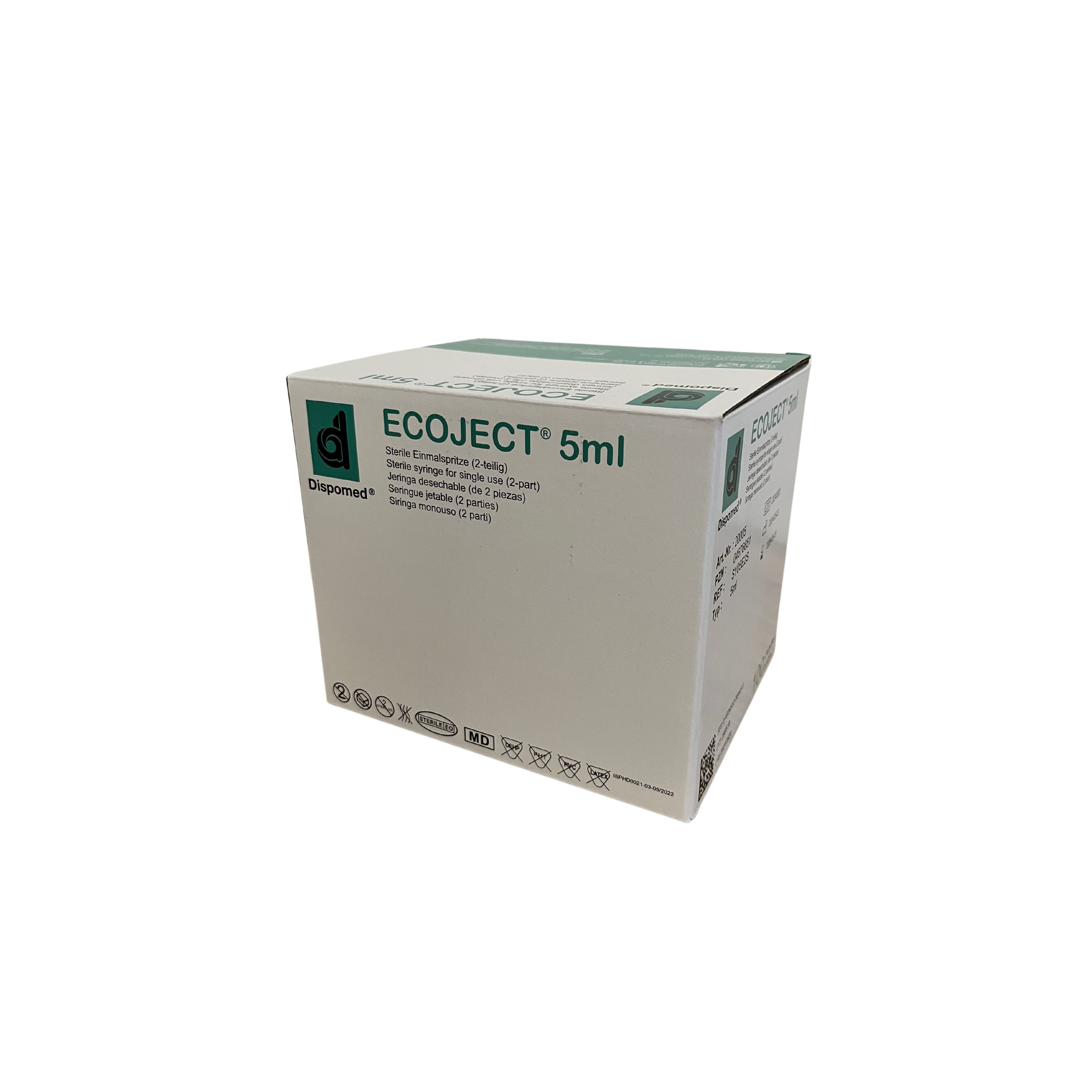 Karton mit Ecoject® 5 ml Einmalspritzen. Aufschrift: Ecoject® 5 ml, Dispomed. Enthält Spritzen.