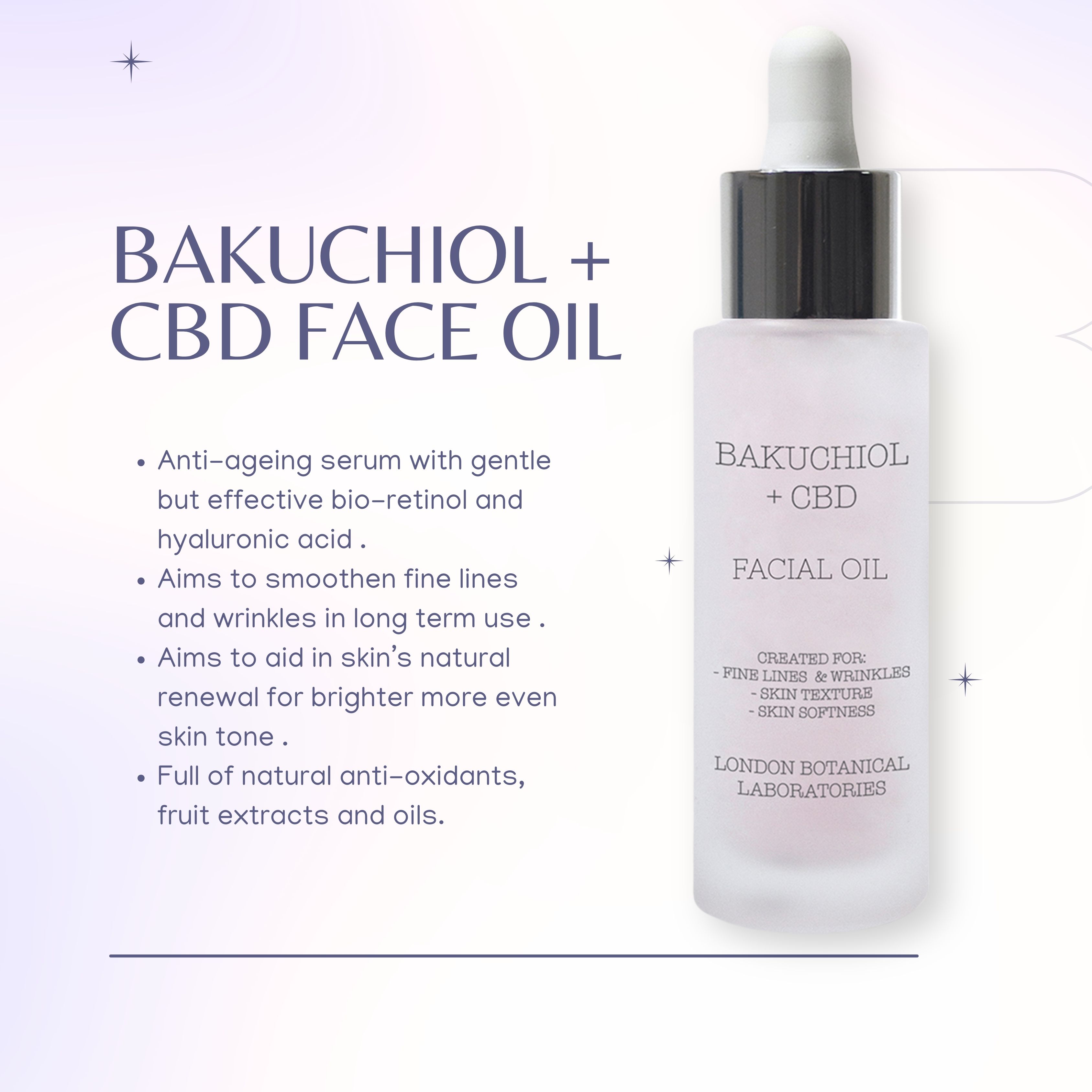 Gesichtsöl-Flasche mit Pipette. Aufschrift: Bakuchiol + CBD, Facial Oil. Text: Für feine Linien & Falten, Hauttextur, Hautweichheit.