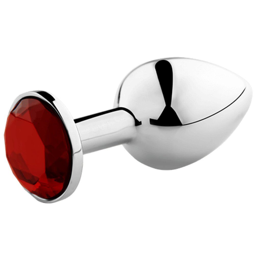 Analplug mit rotem Schmuckstein. Metall, glänzend. Konische Form mit rundem Griff. Detailansicht.