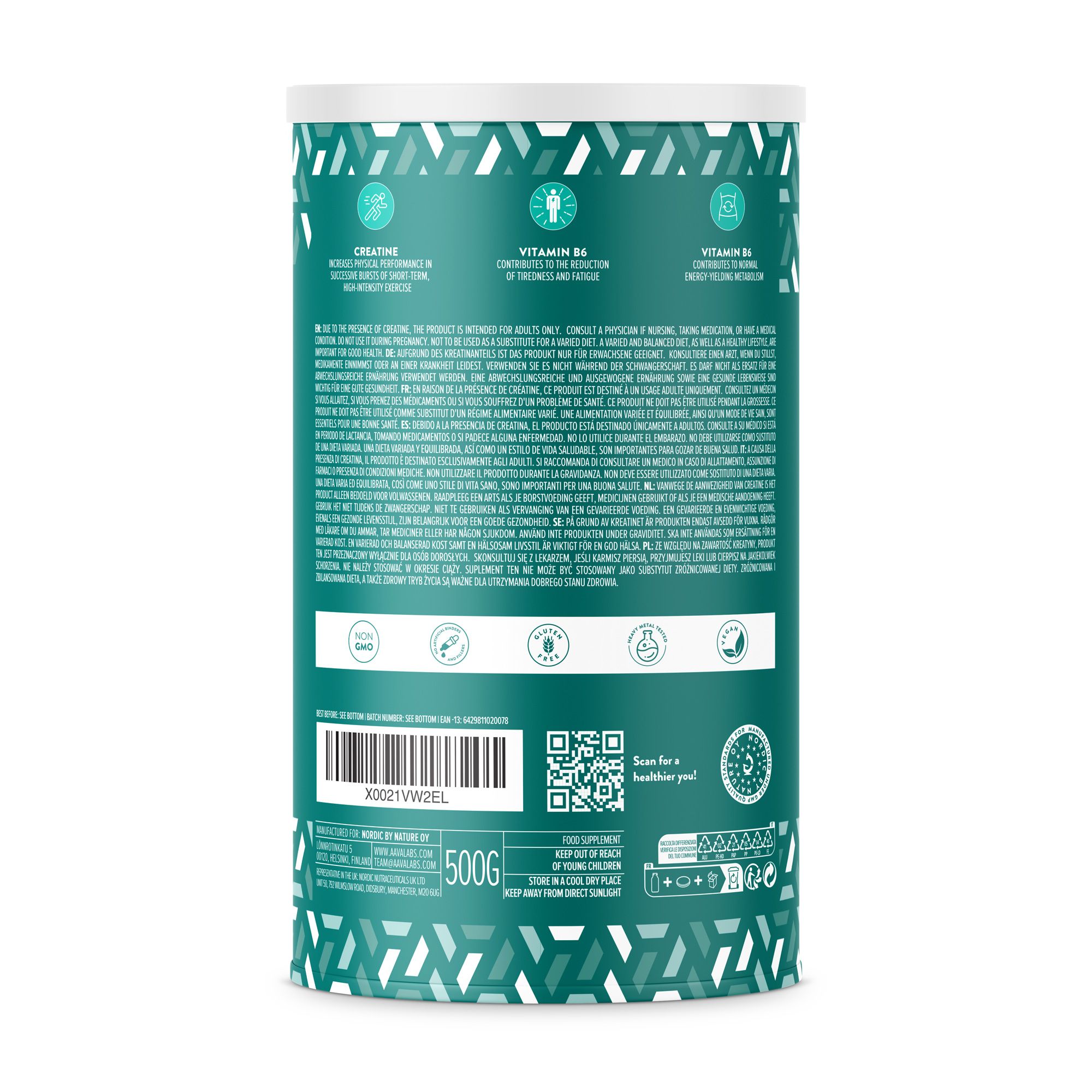 Rückseite der Dose. Text: Kreatin Monohydrat, 500g. Informationen zu Inhaltsstoffen und Nährwerten.