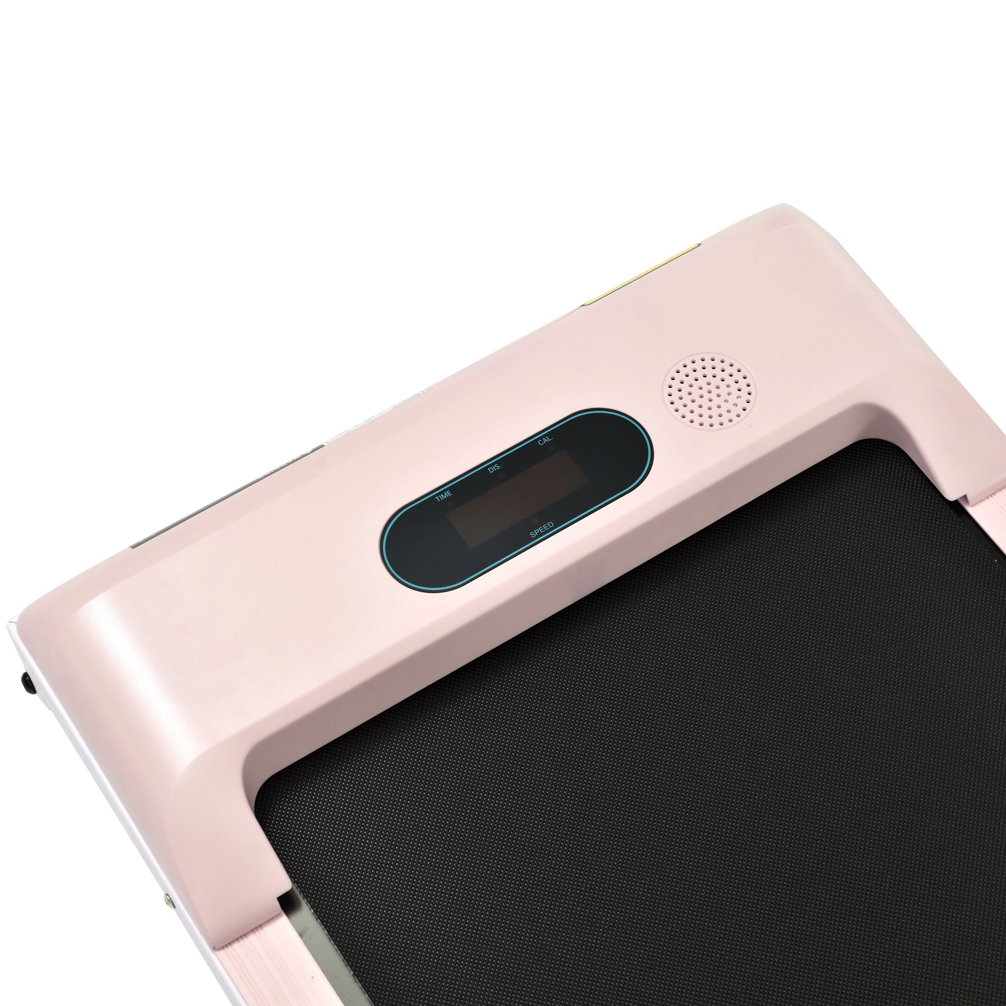 Nahaufnahme des rosa Laufband-Bedienfelds. Digitales Display, Lautsprecher. Schwarze Lauffläche.