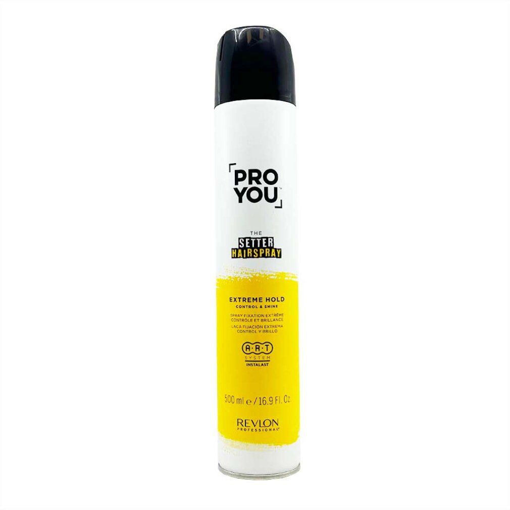 Haarspray-Dose, weiß mit schwarzem Deckel. Aufschrift: PRO YOU, THE SETTER HAIRSPRAY, EXTREME HOLD. Marke: Revlon.