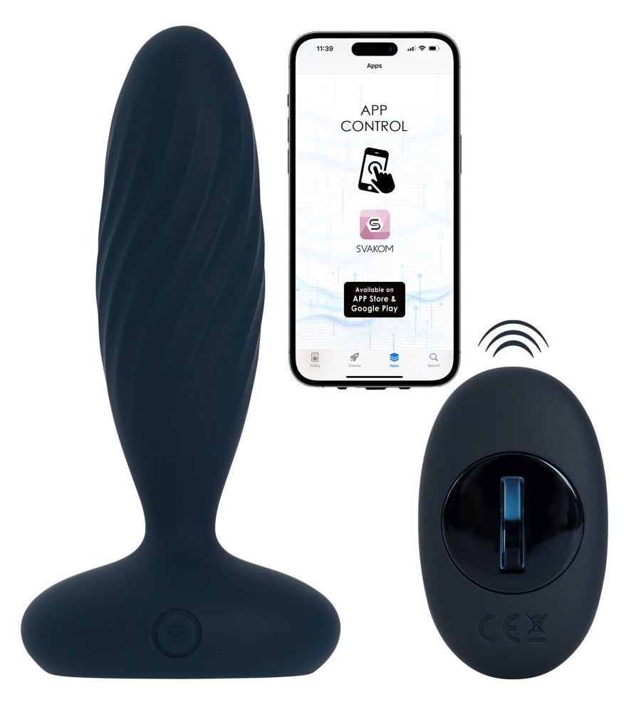 Dunkelblauer Analvibrator mit gerillter Oberfläche, Fernbedienung und Smartphone-App-Steuerung.