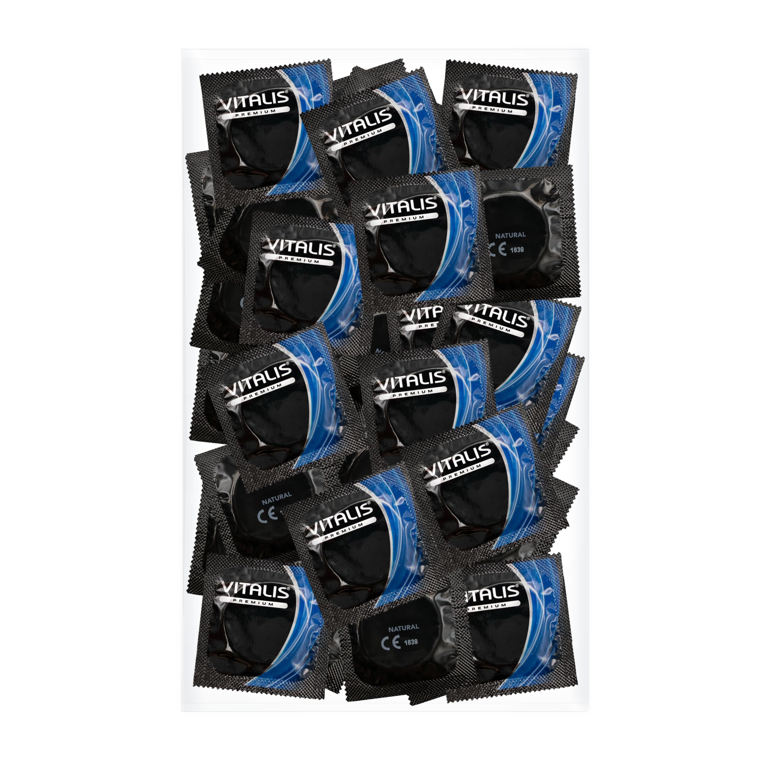 Verpackung mit vielen einzeln verpackten Kondomen, Vitalis PREMIUM Natural, CE-Kennzeichnung.