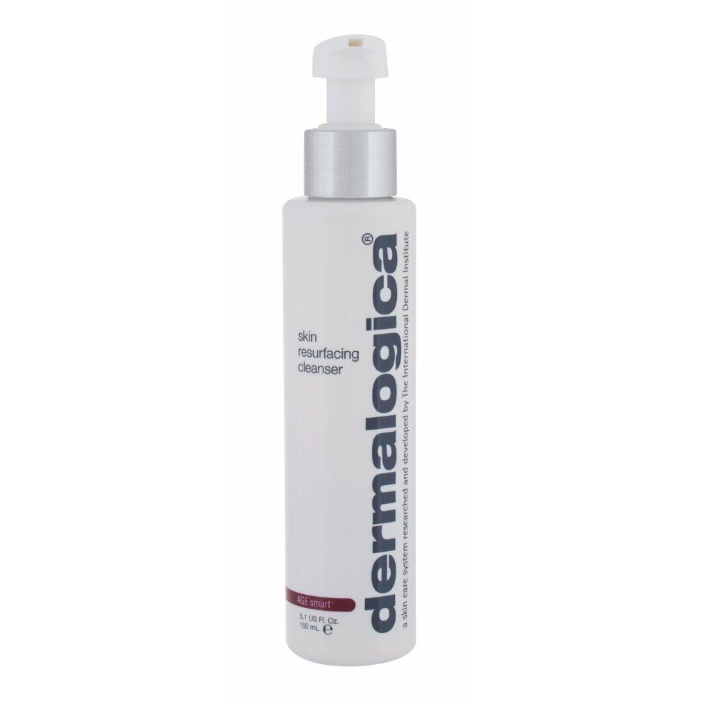 Weisse Flasche mit Pumpe. Aufschrift: Dermalogica, skin resurfacing cleanser. Roter Streifen mit AGE smart.