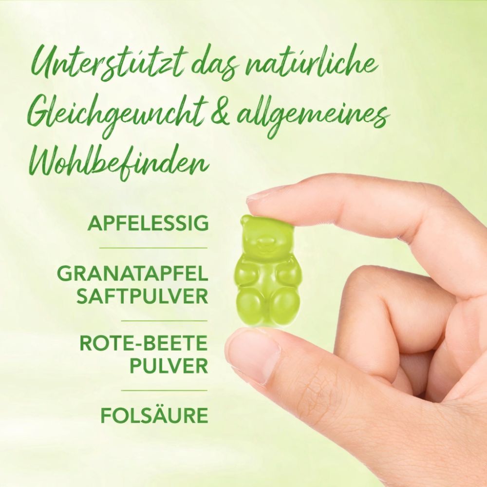 Nährwerttabelle für Apfelessig. Enthält: Apfelessig, Granatapfelsaftpulver, Rote Bete Pulver, Folsäure, Vitamin B12. Zusätzliche Zutaten: Glukosesirup, Rohrzucker, Wasser, Pektin.