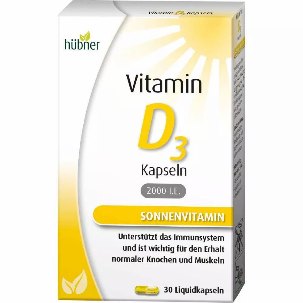Hübner Vitamin D3 Kapseln. Weiße Verpackung mit gelben Akzenten. Schriftzug Vitamin D3, 2000 I.E. und 30 Liquidkapseln.