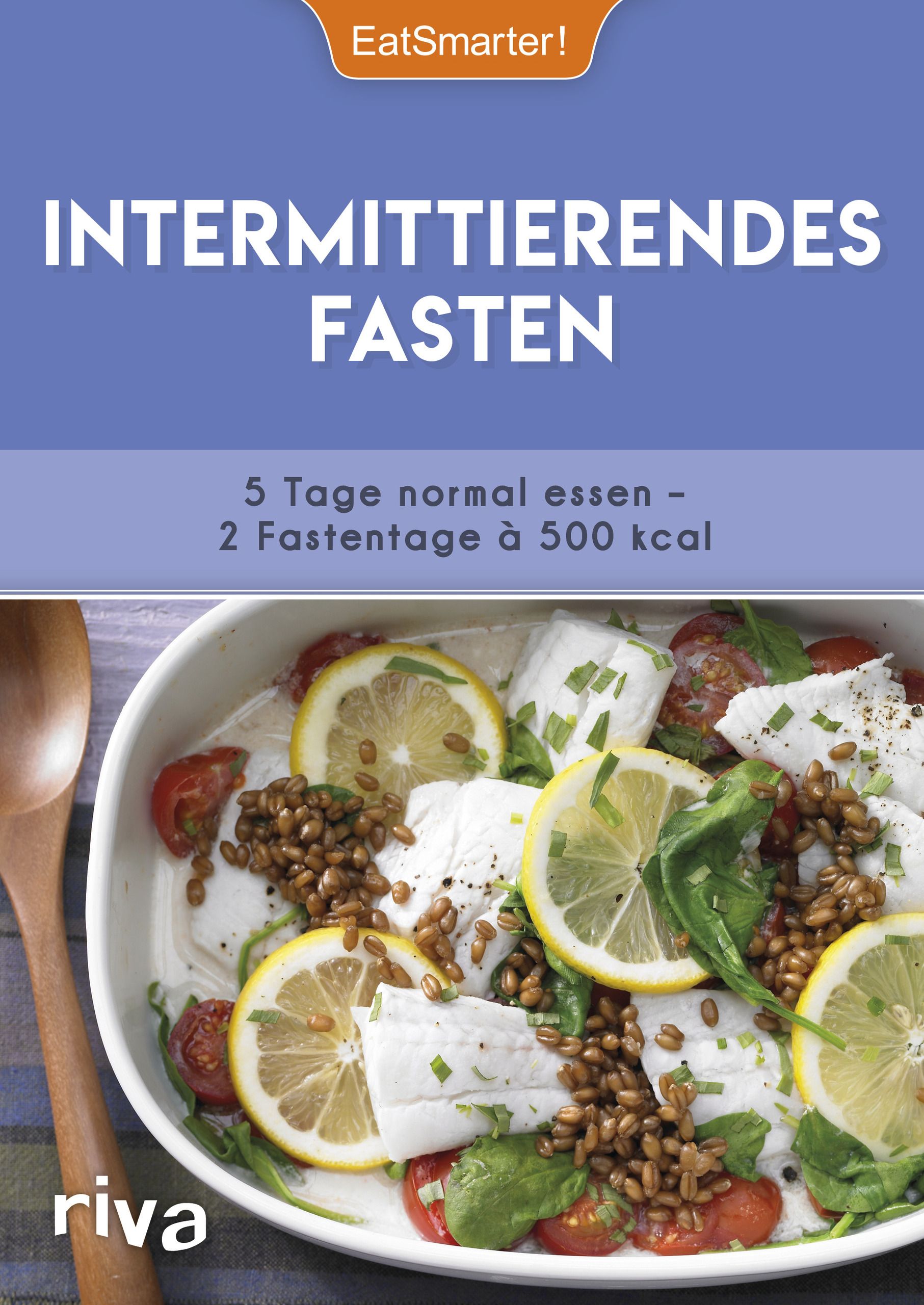 Buchcover mit Titel: Intermittierendes Fasten. Enthält Text und ein Gericht mit Zitrone und Tomaten.