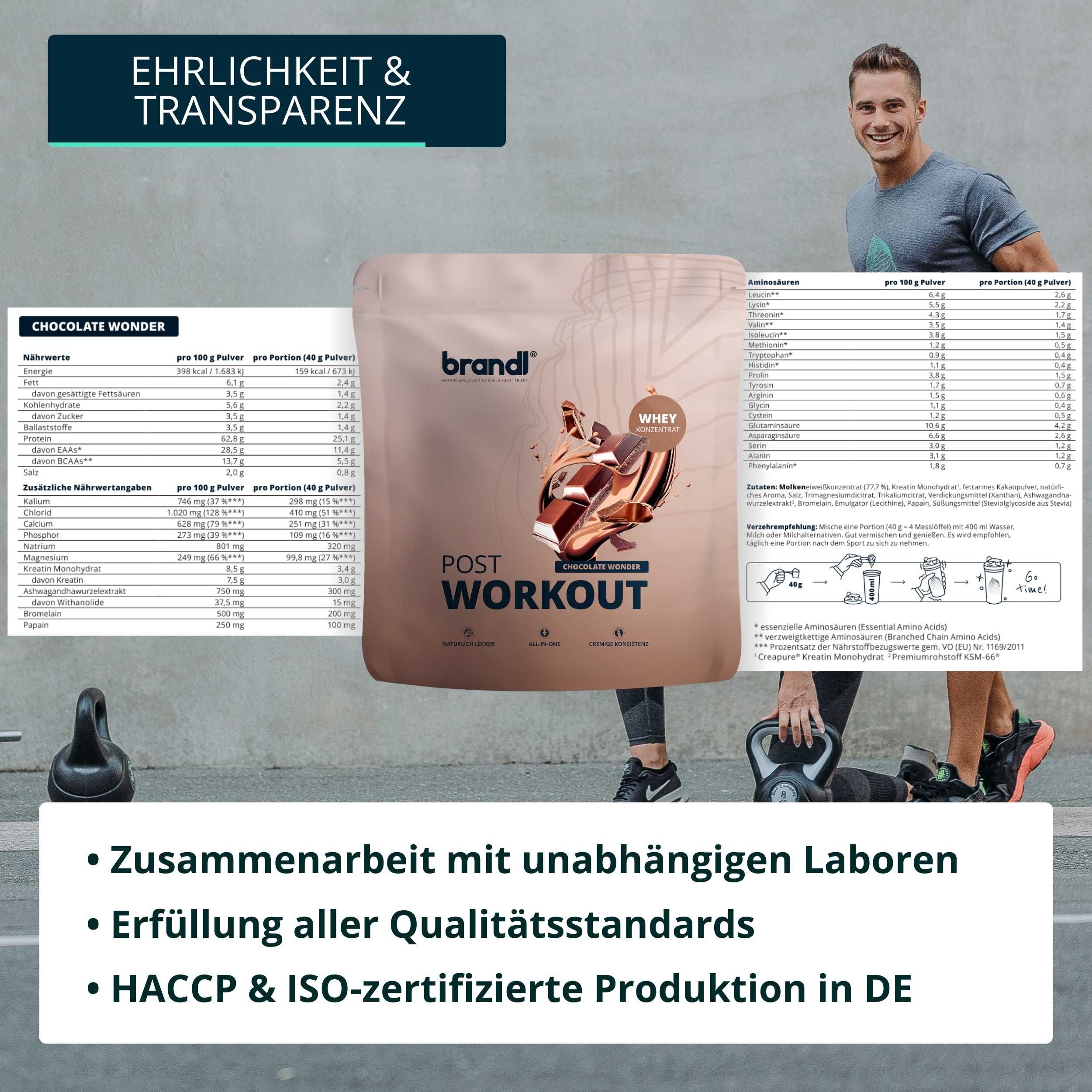 Mann mit Protein-Pulver. Text: „Zusammenarbeit mit unabhängigen Laboren“, „Erfüllung aller Qualitätsstandards“ und „HACCP & ISO-zertifizierte Produktion in DE“.