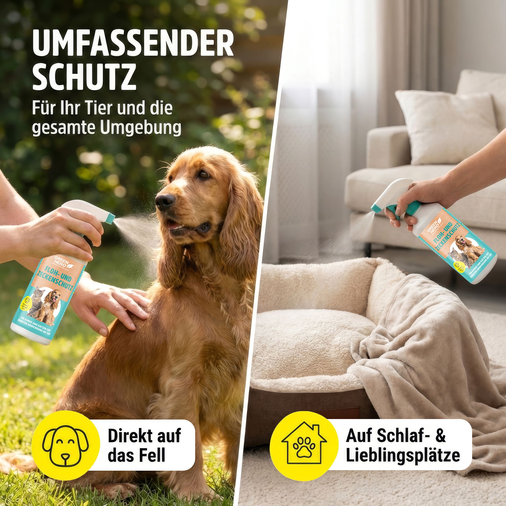 Zwei Hände sprühen auf einen Hund und auf einen Hundebett. Aufschrift: GreenHero Floh- und Zeckenschutz. Illustrationen.