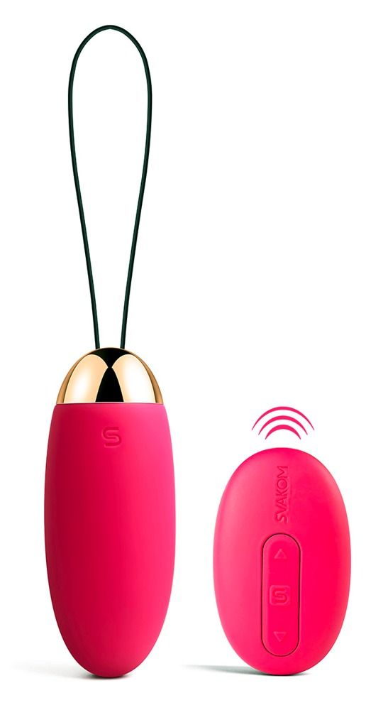 Rosa Vibrator mit goldfarbener Spitze und Fernbedienung. Schwarze Schlaufe. Svakom.