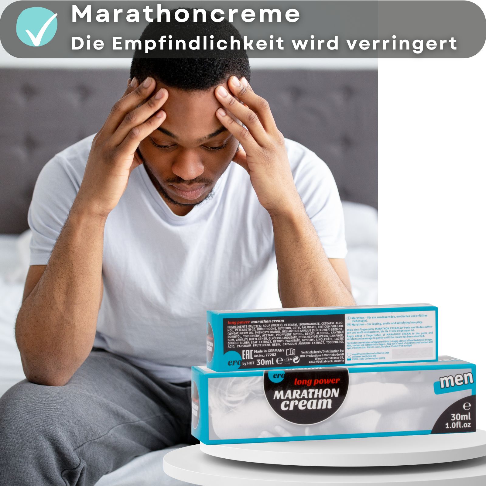 Tube und Verpackung. Text: „Erweitert die Gefäße und pflegt die Haut“. 30ml.